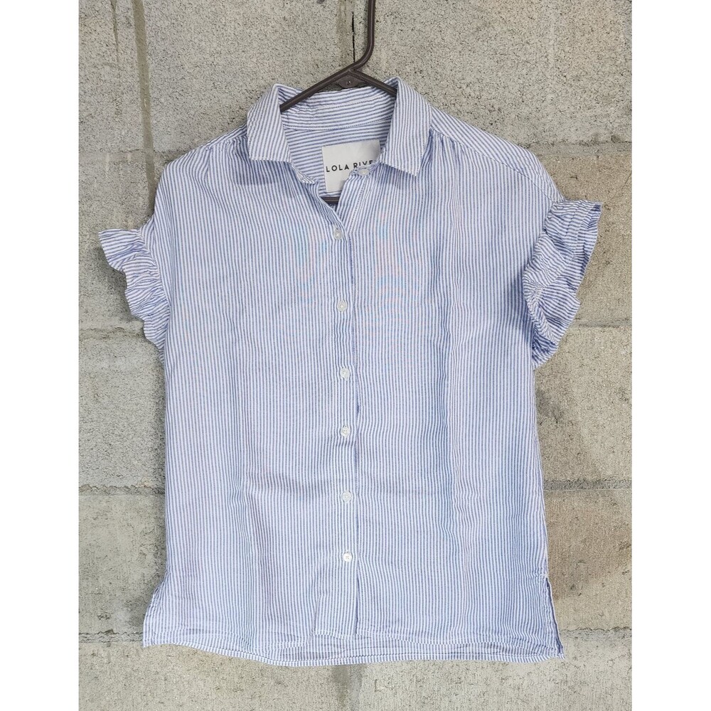 Lola River White & Blue Striped Short Flutter Sleeve Women Top Blouse Size XS